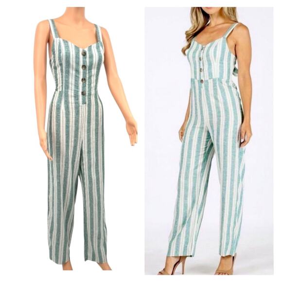Womens Linen Blend Jumpsuit M Kelly Green Striped Wide Leg Sleeveless Tie Back - Picture 11 of 11